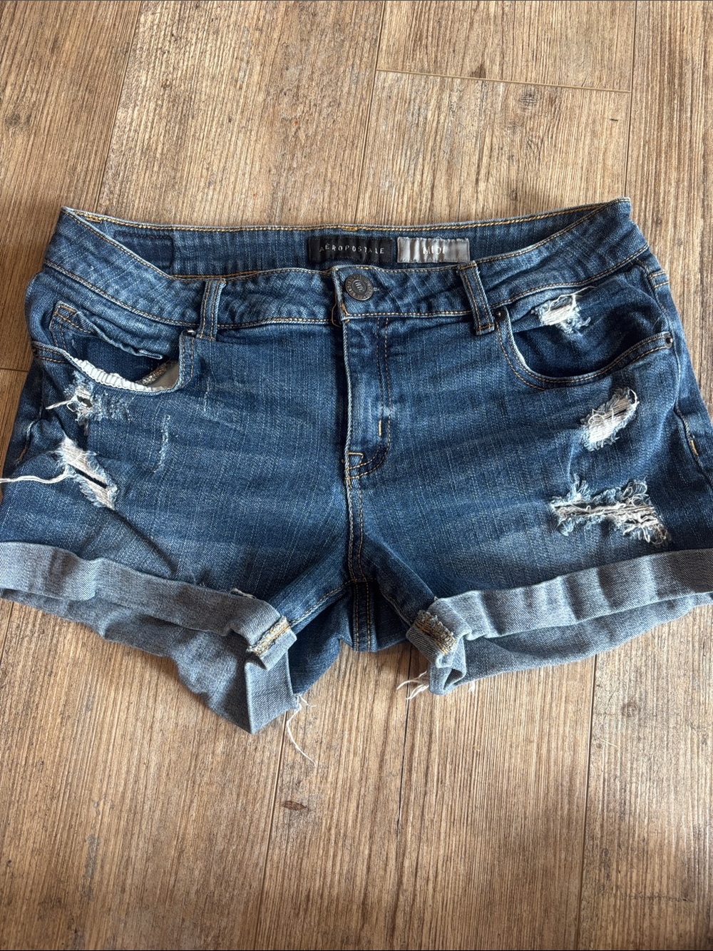 Aeropostale Dark Blue Distressed Rolled-Hem Jean Shorts